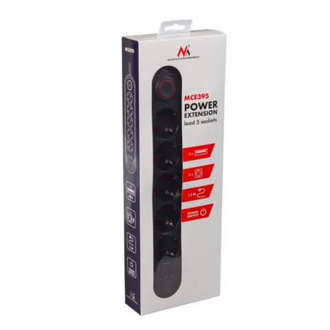 Listwa zasilająca MCE395 B 5 gniazd 3xUSB, 110-240V AC 50/60Hz, 2.1A max 2500W, czarna Maclean