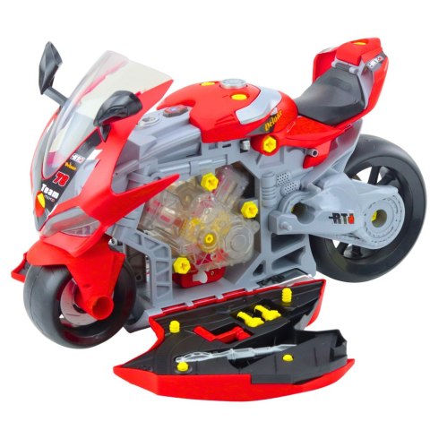 Motocykl Do Rozkręcania 2w1 DIY Warsztat Światła Dźwięki Dym Czerwony 43cm LEAN Toys