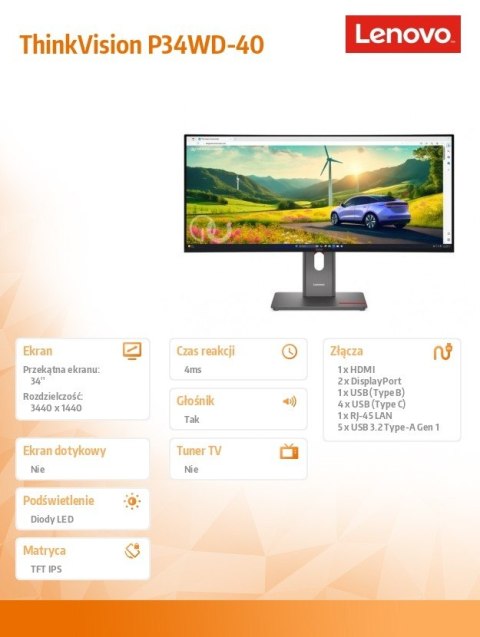 Monitor ThinkVision P34WD-40 34 cale 64ADZAT1EU Lenovo