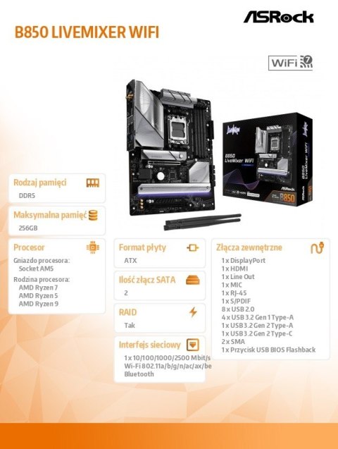Płyta główna B850 LIVEMIXER WIFI AM5 4DDR5 USB3.2 ATX ASRock
