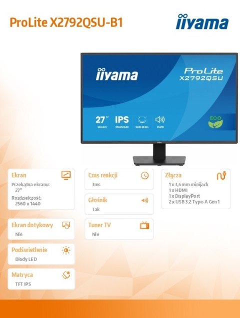 Monitor 27 cali X2792QSU-B1 IPS,QHD,120Hz,HDMI,DP, 350cd,1500:1, cienkie ramki, 2xUSB 3.2, ErP B IIYAMA