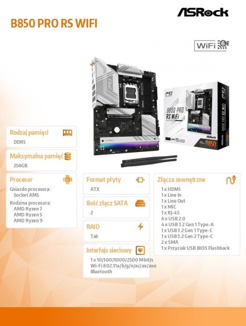 Płyta główna B850 PRO RS WIFI AM5 4DDR5 ATX ASRock