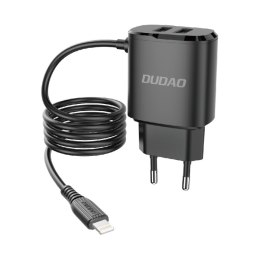 Ładowarka sieciowa 2x USB z wbudowanym kablem do iPhone Lightning 12W czarny DUDAO