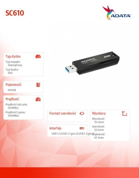 Dysk SSD zewnętrzny SC610 500GB USB3.2A Gen2 czarny Adata