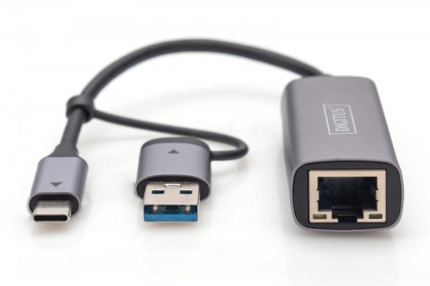 Karta sieciowa przewodowa USB 3.1 Typ C + USB A do 1x RJ45 2.5 Gigabit Ethernet 10/100/1000/2500Mbps Digitus