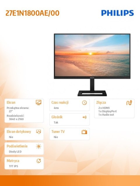 Monitor 27E1N1800AE 27 cali IPS 4K HDMIx2 DP HAS Głośniki Philips