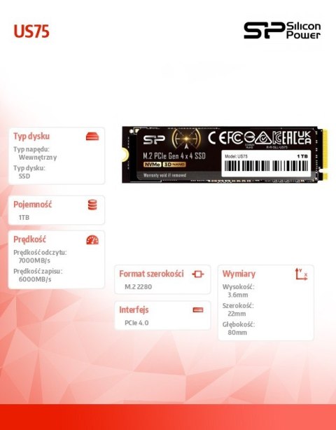 Dysk SSD US75 1TB M.2 PCIe Gen4x4 NVMe 1.4 7000/6000 MB/s Silicon Power