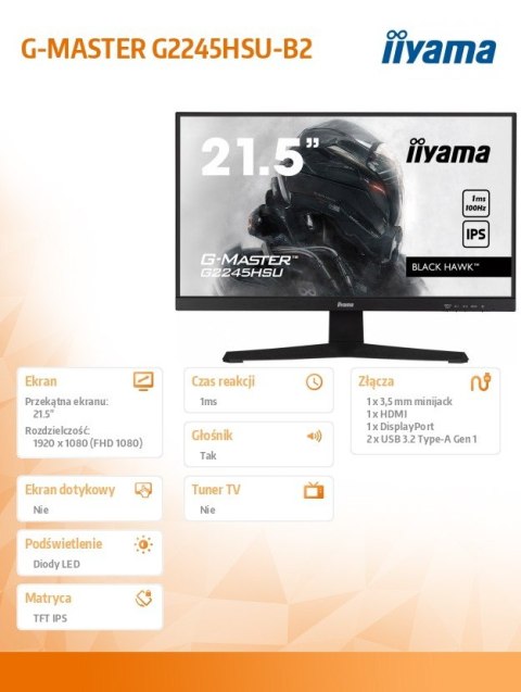 Monitor 22 cale G2245HSU-B2 IPS,FHD,100Hz,1ms,2xUSB,300cd IIYAMA