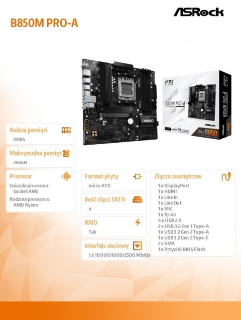 Płyta główna B850M PRO-A AM5 4DDR5 M.2 HDMI/DP mATX ASRock