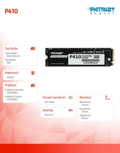 Dysk SSD 500GB P410 PCIe M.2 Gen4 x4 NVMe 1.4 2280 5000/2300MB/s Patriot