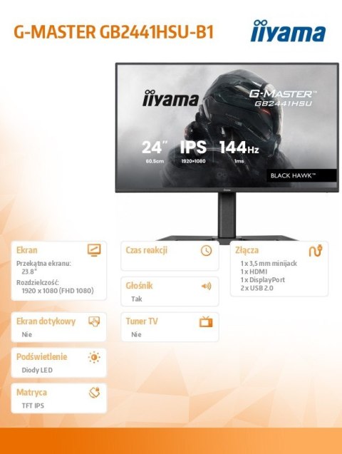 Monitor 23.8 cala GB2441HSU-B1 IPS,FHD,144Hz,1ms,2xUSB,350cd,HDMI,DP,HAS (150) PIVOT IIYAMA