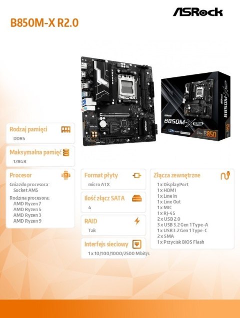 Płyta główna B850M-X R2.0 AM5 2DDR5 M.2 USBC mATX ASRock