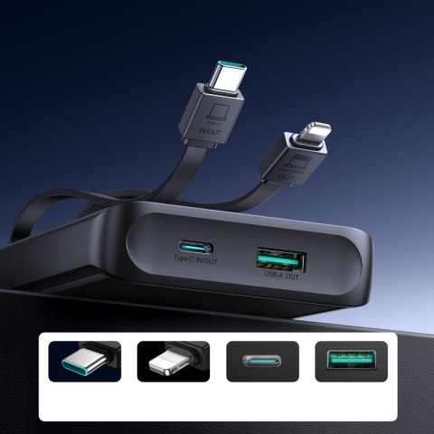 Powerbank 10000mAh z wbudowanymi kablami USB-C iPhone Lightning - czarny JOYROOM