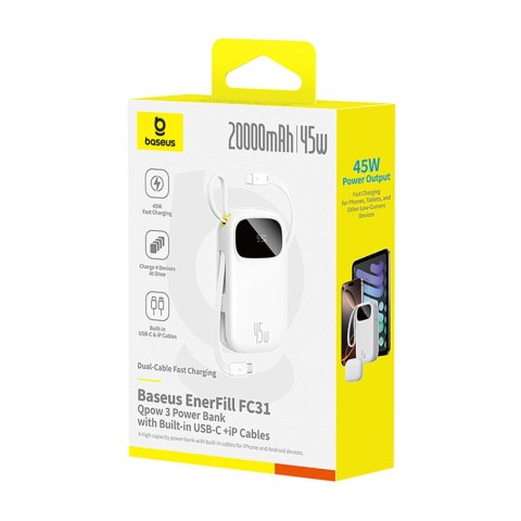 Powerbank 20000mAh 45W z wyświetlaczem kablami USB-C iPhone Lightning - biały BASEUS