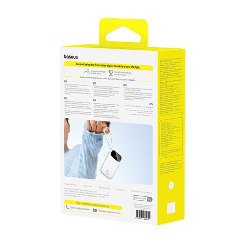 Powerbank 20000mAh 45W z wyświetlaczem kablami USB-C iPhone Lightning - biały BASEUS