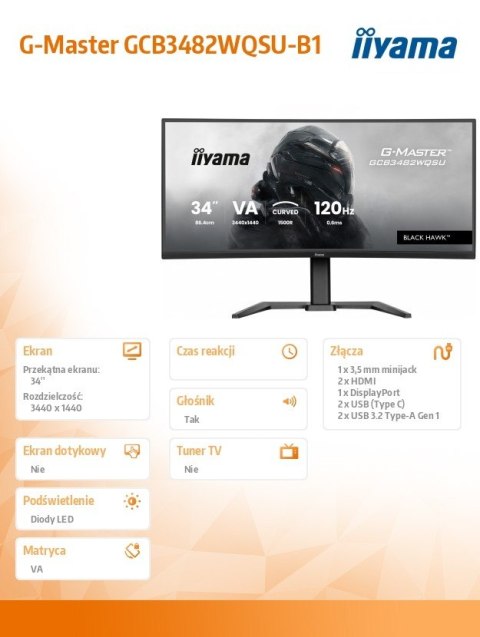 Monitor 34 cale G-Master GCB3482WQSU-B1,VA,UWQHD,120HZ,1500R, HDR400, 21:9, 500cd,2x5W, USB-c IIYAMA