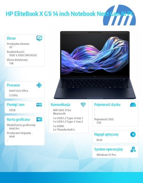 Notebook EliteBook X G1i U7 258V 1TB/32GB/W11P/14 B9ZY4ET HP Inc.