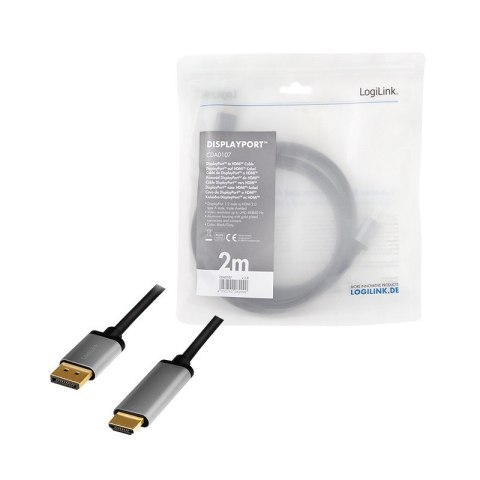 Kabel DisplayPort 4K/60 Hz,DP do HDMI aluminiowy 2m LogiLink