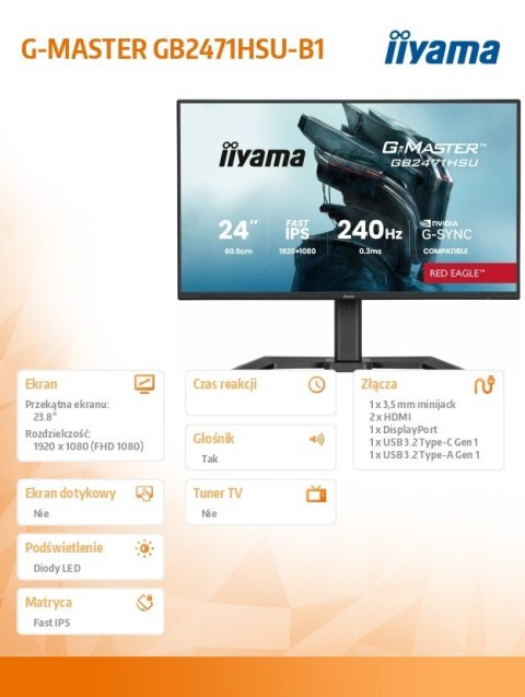 Monitor 23.8 cala GB2471HSU-B1 IPS,FHD,240Hz,2xHDMI,DP,1xUSB 3.2, 1xUSB C, Adaptive G-SYNC - 1920 x 1080 @48-240Hz DisplayP IIYAMA