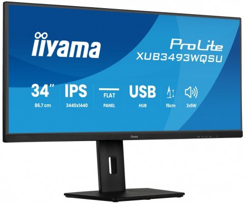 Monitor ProLite 34 cale XUB3493WQSU-B6 IPS,UWQHD,DP,2xHDMI,HAS,21:9,400cd, 120Hz,1000:1,1ms, USB HUBx4, 2x5W, IIYAMA