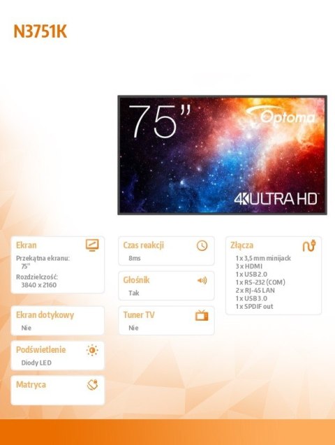 Monitor wielkoformatowy 75 cali N3751K matowy 24h/7,450cd/m2,USB-C,4K UHD (3840 x 2160),Android 11,Wifi+BT,OMS kod producenta  Optoma