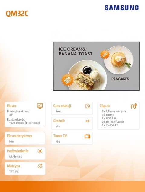 Monitor profesjonalny QM32C 32 cale Błyszcząca/IPS 24h/7 400(cd/m2) 1920x1080 (FHD) S10 Player (Tizen 7, VXT Ready) Wi-Fi/BT 3 l Samsung