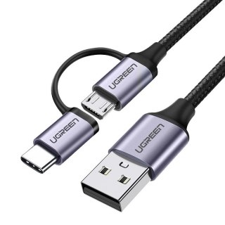 2w1 Kabel przewód w mocnym oplocie USB - microUSB + USB-C 1m 2.4A czarny UGREEN