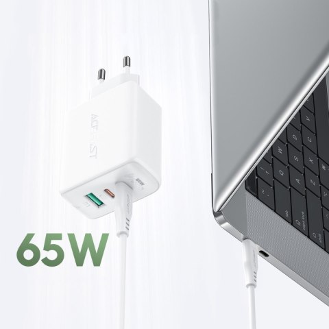 2w1 Ładowarka sieciowa 2x USB-C USB 65W + kabel USB-C biały ACEFAST