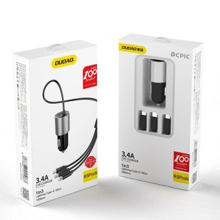 3w1 ładowarka samochodowa USB + wbudowany kabel Lightning USB-C micro USB czarny DUDAO