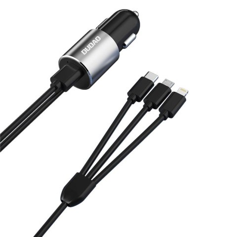 3w1 ładowarka samochodowa USB + wbudowany kabel Lightning USB-C micro USB czarny DUDAO