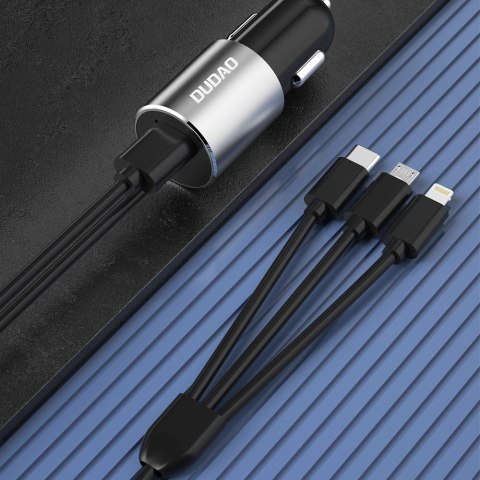 3w1 ładowarka samochodowa USB + wbudowany kabel Lightning USB-C micro USB czarny DUDAO