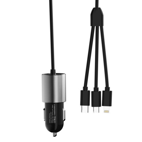 3w1 ładowarka samochodowa USB + wbudowany kabel Lightning USB-C micro USB czarny DUDAO