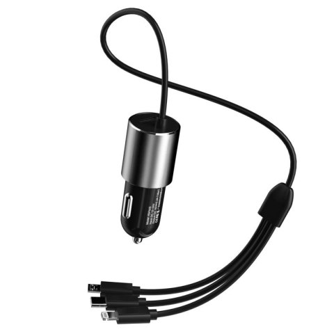 3w1 ładowarka samochodowa USB + wbudowany kabel Lightning USB-C micro USB czarny DUDAO