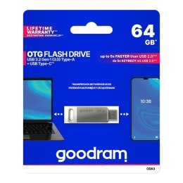 Pendrive 64GB dwa złącza USB 3.2 + USB-C OTG ODA3 srebrny Goodram