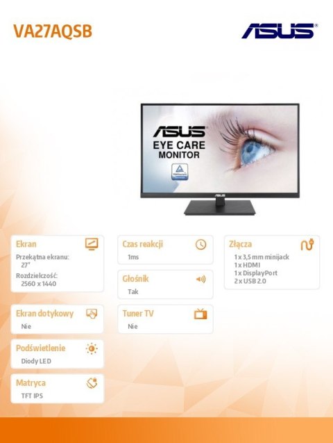 Monitor 27 cali VA27AQSB IPS WQHD HDMI DP USB PIVOT Głośnik Asus