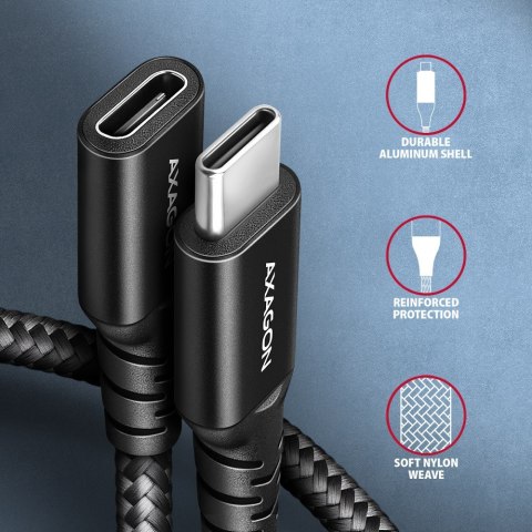 BUCM32-CF10AB Kabel przedłużacz Gen2 USB-C - USB-C, 1m, 5A, 20Gbps, PD 240W, oplot, czarny AXAGON