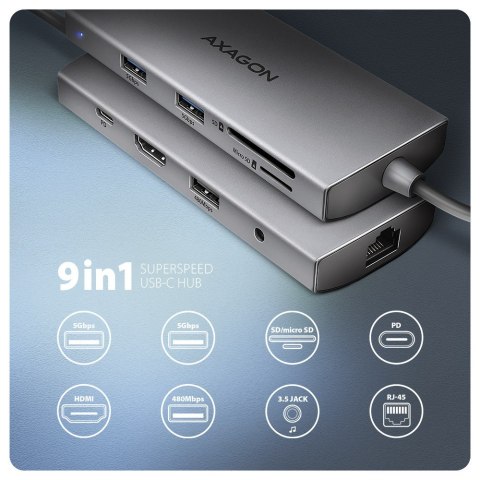 HMC-8HLSA Wieloportowy hub USB 9in1, 5Gbps, 3x USB-A + HDMI 4K/30Hz, SD/microSD, GLAN, Audio, PD 100W, 20cm USB-C kabel AXAGON