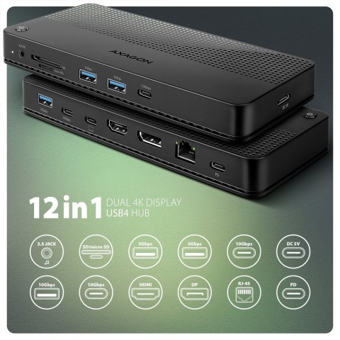 HMC-U4 Wieloportowy hub USB 12in1, USB 4.0 40Gbps, 3x USB-A, 2x USB-C, GLAN, HDMI 8K, DP 8K, PD 100W, HQ audio 24bit, UHS II SD/ AXAGON