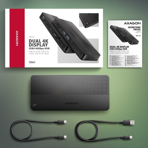 HMC-U4 Wieloportowy hub USB 12in1, USB 4.0 40Gbps, 3x USB-A, 2x USB-C, GLAN, HDMI 8K, DP 8K, PD 100W, HQ audio 24bit, UHS II SD/ AXAGON