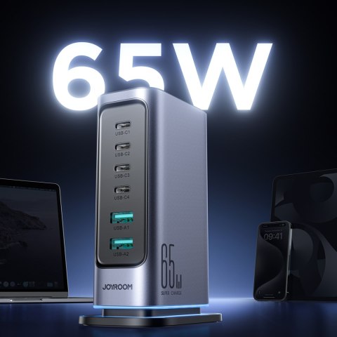 Stacja ładowania ładowarka wieloportowa GaN 65W EU 4x USB-C i 2x USB-A - ciemnoszara JOYROOM