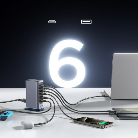 Stacja ładowania ładowarka wieloportowa GaN 65W EU 4x USB-C i 2x USB-A - ciemnoszara JOYROOM