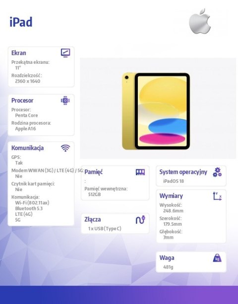 IPad WiFi + Cellular 11 cali 512 GB Żółty Apple