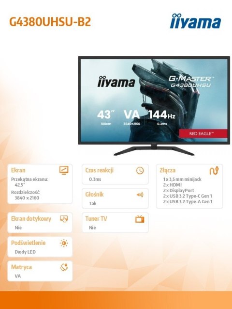 Monitor G-Master 42.5 cala G4380UHSU-B2 4K,VA, 2xHDMI 2.1, 2xDP, 0,3ms, 144Hz, 550cd, 4000:1, USB HUBx4, 2x7W IIYAMA