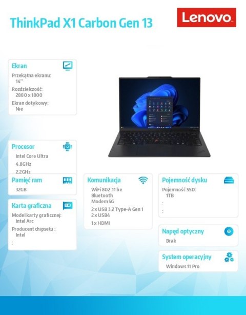 Ultrabook Thinkpad X1 Carbon G13 21NS004UPB W11Pro Ultra 7 258V/32GB/1TB/INT/14.0 2.8K/Black/3YRS Premier Support + CO2 Offset Lenovo