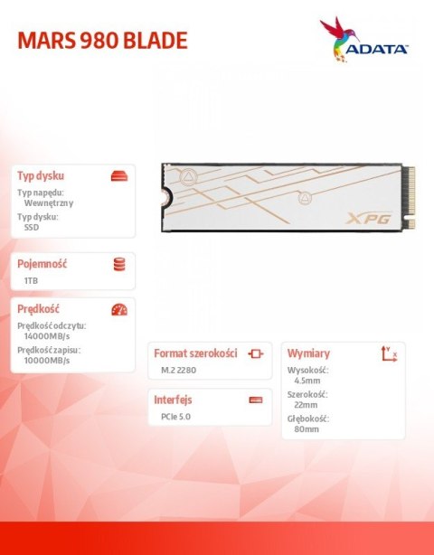 Dysk SSD XPG MARS 980 BLADE 1TB PCIe 5x4 14/10 GB/s M2 Adata