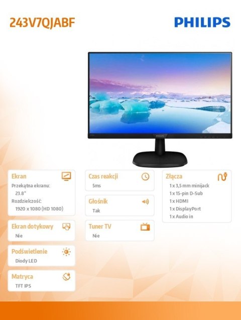 Monitor 23.8 243V7QJABF IPS HDMI DP Głośniki Philips