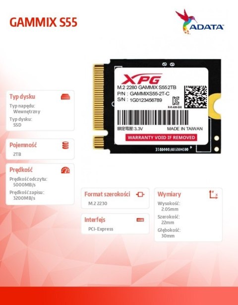 Dysk SSD XPG GAMMIX S55 2TB PCIe 4x4 5/3.2GB/s M2230 Adata