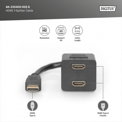 Kabel rozdzielacz/splitter HDMI HighSpeed 1080p 24Hz FHD Typ HDMI A/2xHDMI A M/Ż 0,2m Czarny Digitus
