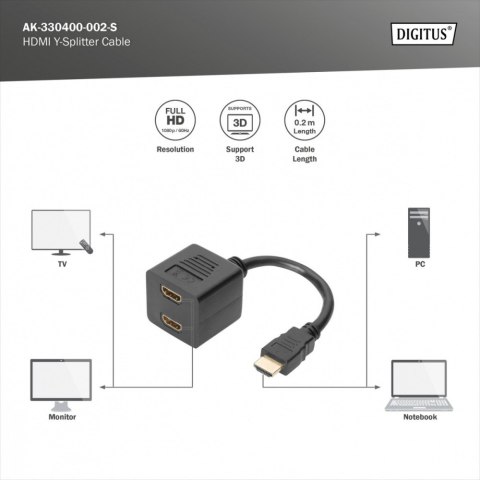 Kabel rozdzielacz/splitter HDMI HighSpeed 1080p 24Hz FHD Typ HDMI A/2xHDMI A M/Ż 0,2m Czarny Digitus
