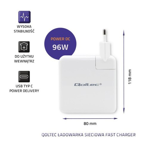Ładowarka sieciowa FAST 96W | 5-20V | 3-4.7A | USB C PD | Biała Qoltec